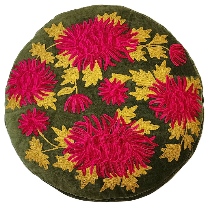 Chrysanthemum velvet embroidered cushion in Olive/Fushia