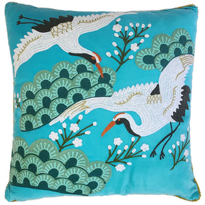 Embroidered Japanese Crane on Aqua Velvet Lampshade