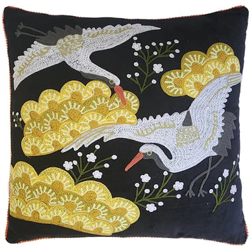 Japanese Crane Ottoman - Black Velvet