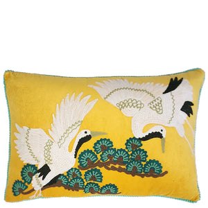 Embroidered Japanese Crane on Yellow Velvet Lampshade