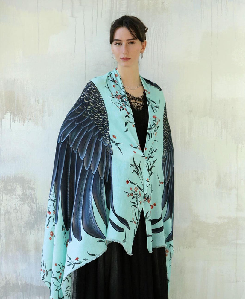 Shovava Blue Cockatoo organic cotton shawl