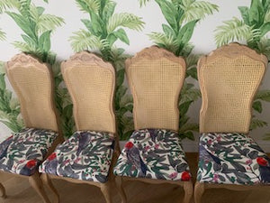 Rattan Backed Dining chairs with Gang Gang Cockatoo fabric - set of six