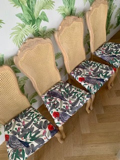 Rattan Backed Dining chairs with Gang Gang Cockatoo fabric - set of six
