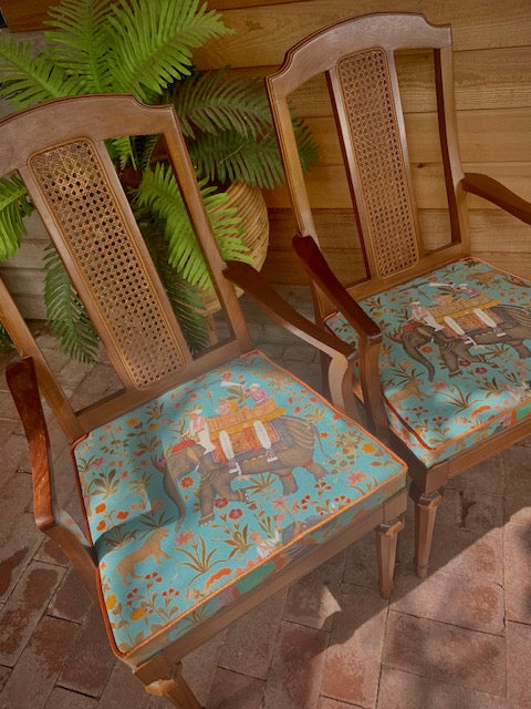 Van Treight Rattan Backed Dining chairs with Elephant Parade fabric - set of six