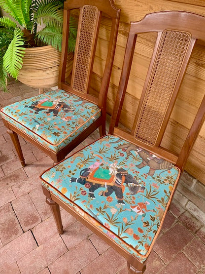 Van Treight Rattan Backed Dining chairs with Elephant Parade fabric - set of six