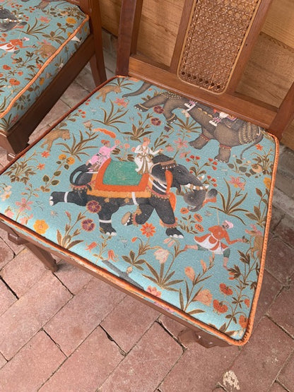 Van Treight Rattan Backed Dining chairs with Elephant Parade fabric - set of six