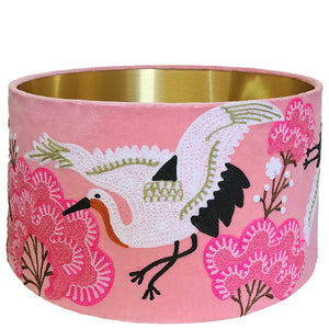 Embroidered Japanese Crane on Pink Velvet Lampshade