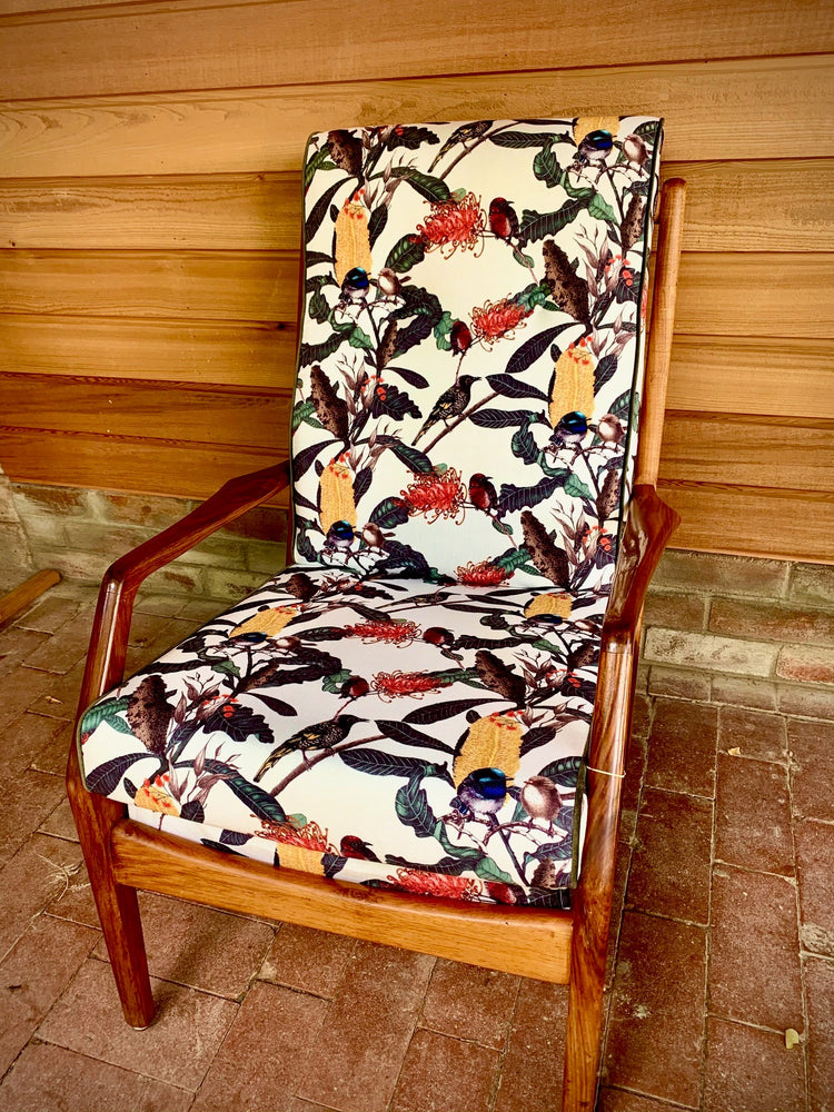 Beautifully restored mid century chair in Banksia Medley fabric