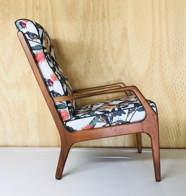 Beautifully restored mid century chair in Banksia Medley fabric
