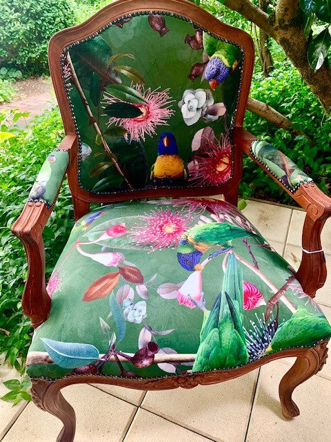 Birds and Gums Velvet and Mahogany Armchair