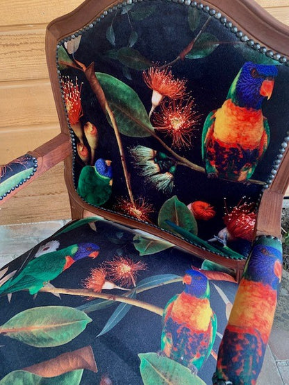 Beaks and Blooms Velvet and Mahogany Armchair