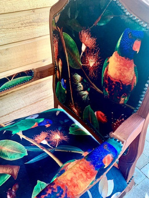 Beaks and Blooms Velvet and Mahogany Armchair