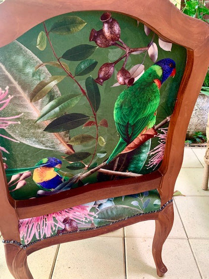 Birds and Gums Velvet and Mahogany Armchair