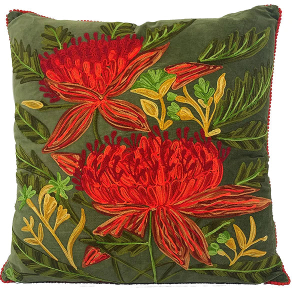 Waratah velvet embroidered cushion in Olive